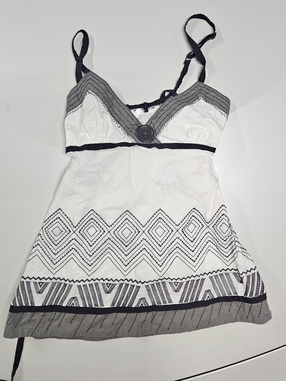 Anniel White and Dark Gray Smocked Strap Dress